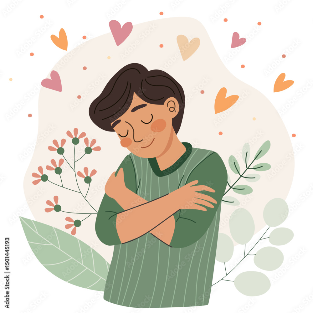 Teenage boy hugging himself, showing self-love and concern for mental health and body positivity. Happy person hugging for warmth.