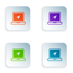 Poster - Color Laptop with location marker icon isolated on white background. Set colorful icons in square buttons. Vector