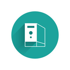 Poster - White Case of computer icon isolated with long shadow background. Computer server. Workstation. Green circle button. Vector