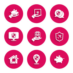 Poster - Set House in hand, Location shield, Piggy bank, Plane with, and icon. Vector