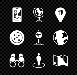 Poster - Set City map navigation, Earth globe, Cafe and restaurant location, Binoculars, Location with person, Folded, Radar targets monitor and Fork the road icon. Vector