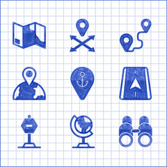 Fototapete - Set Location with anchor, Earth globe, Binoculars, City map navigation, Stop sign, the, Route location and Folded icon. Vector