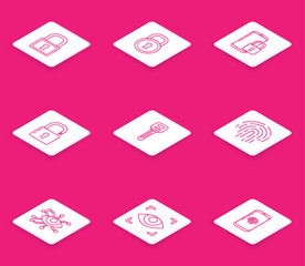 Poster - Set line Lock, Smartphone with closed padlock, Open, Key, Fingerprint, Eye scan and icon. Vector