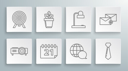 Poster - Set line Presentation, movie, film, media projector, Flowers in pot, Calendar, World map made from speech bubble, Tie, Table lamp, Envelope and Target icon. Vector