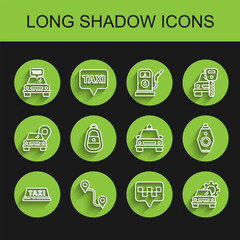 Poster - set line taxi car roof, route location, map pointer with taxi, car service, key remote, and icon. ve