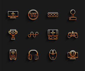 Poster - Set line Stereo speaker, Headphones, Computer monitor, mouse gaming, Create account screen, Share, Gamepad and Portable video game console icon. Vector