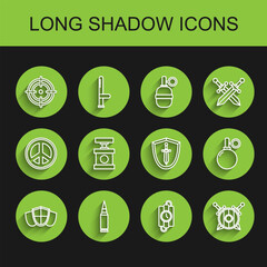 Poster - Set line Shield, Bullet, Target sport, dynamite stick and timer clock, Wooden shield with crossed swords, Handle detonator for, grenade and Medieval icon. Vector