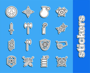 Poster - Set line Wooden shield with crossed swords, Cannon, Japanese ninja shuriken, Hand grenade, Medieval axe, Peace and Dynamite bomb stick clock icon. Vector
