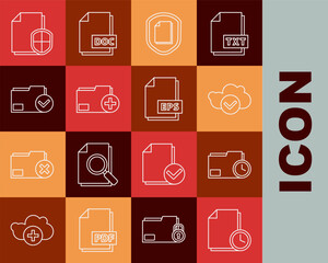 Aufkleber - Set line Document with clock, folder, Cloud check mark, protection concept, Add new, and, and EPS file document icon. Vector