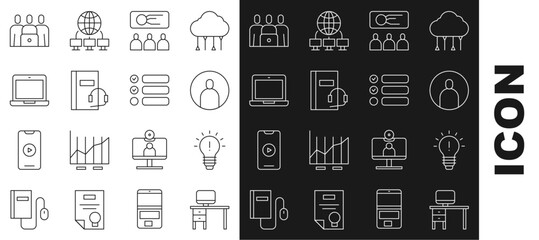 Fototapete - Set line Computer monitor and desk, Light bulb with concept of idea, Create account screen, Training, presentation, Audio book, Laptop, Online class and Task list icon. Vector