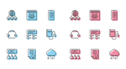Poster - Set line Training, presentation, Certificate template, Computer network, Network cloud connection, Online quiz, test, survey, Electronic book with mouse, Headphones and Browser window icon. Vector