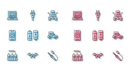 Poster - Set line Industrial production of robots, Drone, Creating, Soldering iron, Battery, Autonomous smart car, Turn off from phone and Electric plug icon. Vector