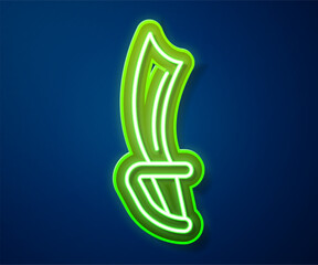 Poster - glowing neon line pirate sword icon isolated on blue background. sabre sign. vector
