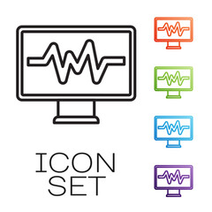 Poster - Black line Computer monitor with cardiogram icon isolated on white background. Monitoring icon. ECG monitor with heart beat hand drawn. Set icons colorful. Vector