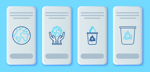 Poster - set line human hands holding earth globe, recycle bin with recycle symbol, and icon. vector