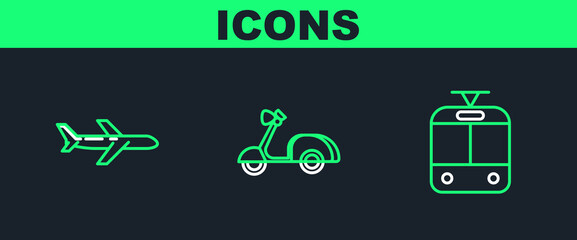 Poster - set line tram and railway, plane and scooter icon. vector