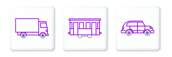 Poster - set line hatchback car, delivery cargo truck vehicle and old city tram icon. vector