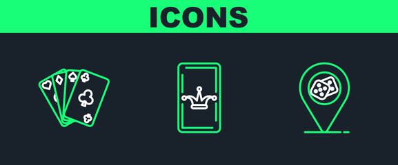 Poster - set line casino location, playing cards and joker playing icon. vector