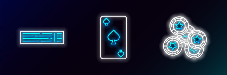 Poster - Set line Casino chips, Deck of playing cards and Playing with spades symbol icon. Glowing neon. Vector