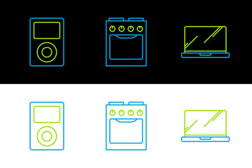 Fototapete - Set line Laptop, Music player and Oven icon. Vector