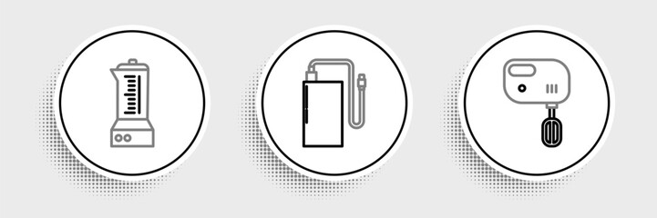 Poster - Set line Electric mixer, Blender and Power bank with different charge cable icon. Vector