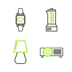 Poster - Set line , Table lamp, Blender and Smart watch showing heart beat rate icon. Vector