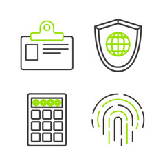 Poster - Set line Fingerprint, Password protection and safety access, Shield with world globe and Identification badge icon. Vector