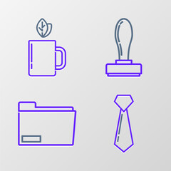 Aufkleber - Set line Tie, Document folder, Stamp and Cup of tea and leaf icon. Vector