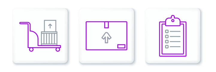 Poster - Set line Verification of delivery list clipboard, Electric hand truck and boxes and Cardboard with traffic symbol icon. Vector