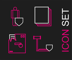 Poster - Set line Judge gavel with shield, Ordered envelope, Clean paper and Life insurance icon. Vector