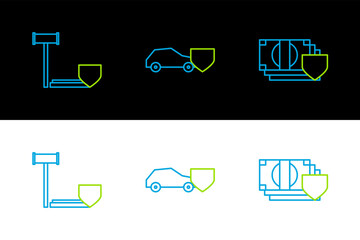 Poster - Set line Money with shield, Judge gavel and Car icon. Vector
