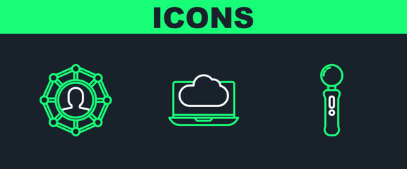 Poster - set line gamepad, project team base and cloud technology data transfer and storage icon. vector