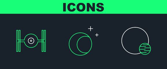 Poster - Set line Planet, Cosmic ship and Moon and stars icon. Vector