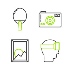 Poster - Set line Virtual reality glasses, Picture landscape, Photo camera and Racket for playing table tennis icon. Vector