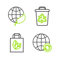 Poster - Set line Planet earth and a recycling, Paper shopping bag with recycle, Recycle bin symbol and Earth globe leaf icon. Vector