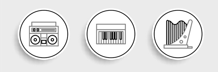 Poster - Set line Harp, Home stereo with two speakers and Music synthesizer icon. Vector