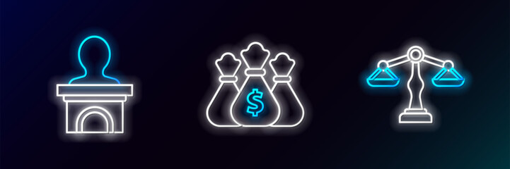 Poster - Set line Scales of justice, Stage stand or debate podium rostrum and Money bag icon. Glowing neon. Vector