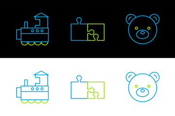 Poster - Set line Teddy bear plush toy, Toy train and Piece of puzzle icon. Vector