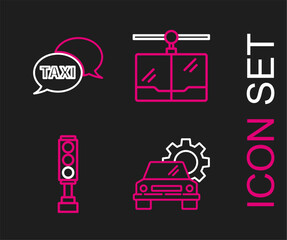 Poster - set line car service, traffic light, cable car and taxi call telephone icon. vector