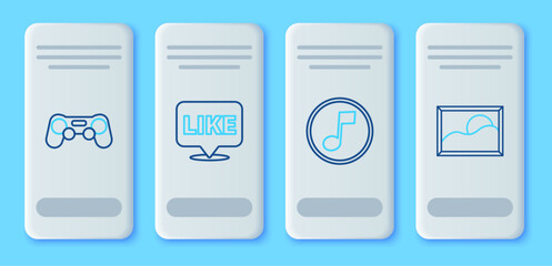 Fototapete - Set line Like in speech bubble, Music note, tone, Gamepad and Picture landscape icon. Vector