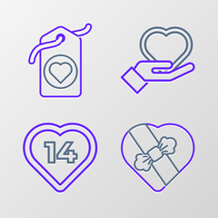 Poster - set line candy in heart shaped box, heart, on hand and tag icon. vector