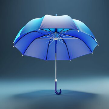 A blue umbrella stands gracefully, casting a subtle shadow on a cool, solid backdrop, indoors.