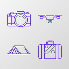 Poster - Set line Suitcase for travel and stickers, Tourist tent, Drone flying with action video camera and Photo icon. Vector