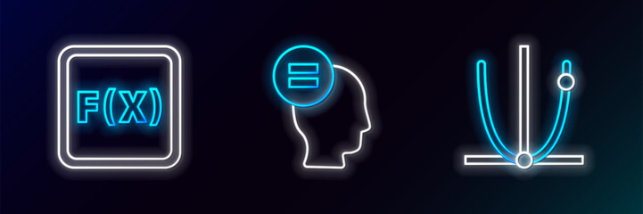 Fototapete - Set line Graph, schedule, chart, diagram, Function mathematical symbol and Calculation icon. Glowing neon. Vector