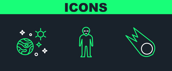 Poster - Set line Comet falling down fast, Space and planet and Alien icon. Vector