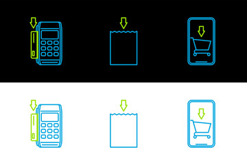 Poster - set line mobile phone and shopping cart, pos terminal with inserted credit card and paper bag icon. 