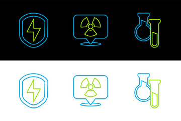 Poster - Set line Test tube and flask, Secure shield with lightning and Radioactive location icon. Vector
