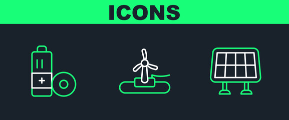 Poster - Set line Solar energy panel, Battery and Wind turbine icon. Vector