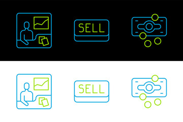 Poster - Set line Stacks paper money cash, Trading courses and Sell button icon. Vector