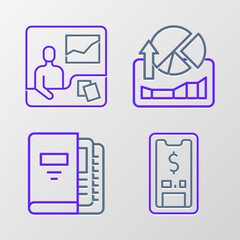 Fototapete - Set line Mobile with dollar, Office folders, Stocks market growth graphs and Trading courses icon. Vector